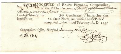 Connecticut Revolutionary War Bond Receipt 1791