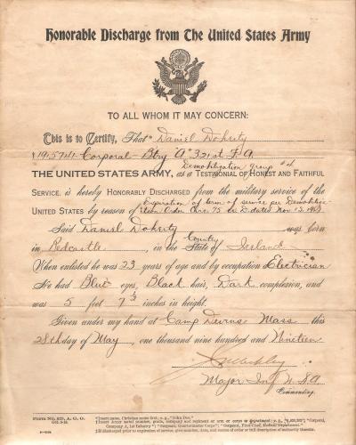 WWI US Army Discharge Paper AEF Artillery Corporal