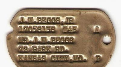 WWII Army Dog Tag J W Beggs Jr T43