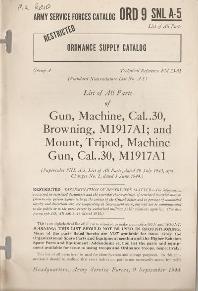 Manual SNL A-5 Machine Gun 30 Cal Browning M1917A1