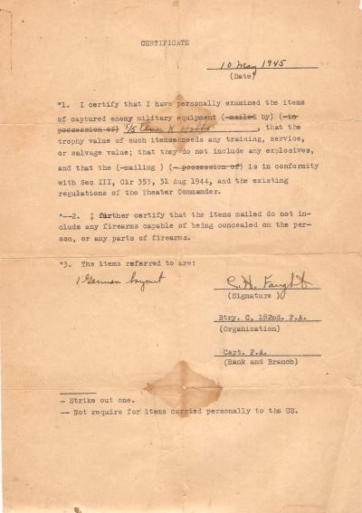 WWII War Souvenir Capture Paper Document Bayonet