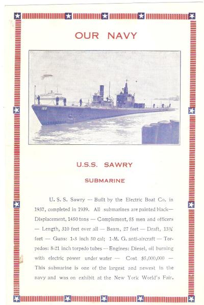 WWII USS Sawry Submarine 1939 Worlds Fair Card 