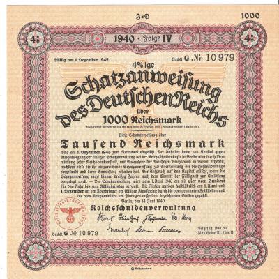 WWII German Treasury Bond 1000 RM 