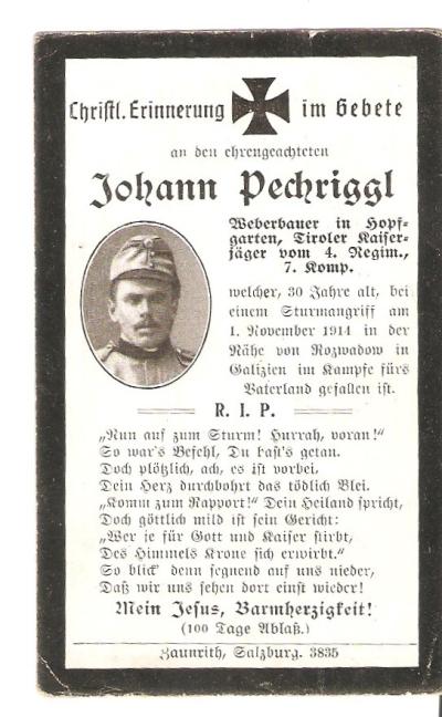 WWI Austrian Death Card 1914