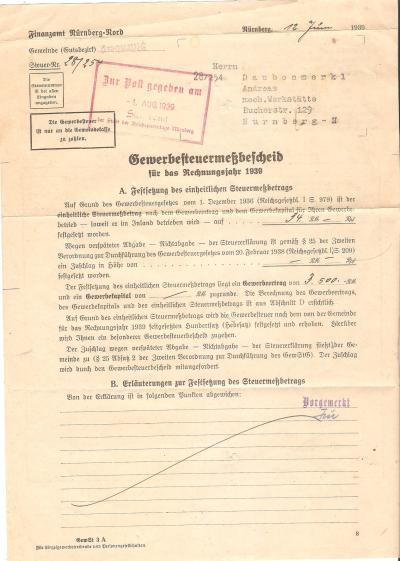 WWII German Tax Delinquency Notice Nurnberg 1939