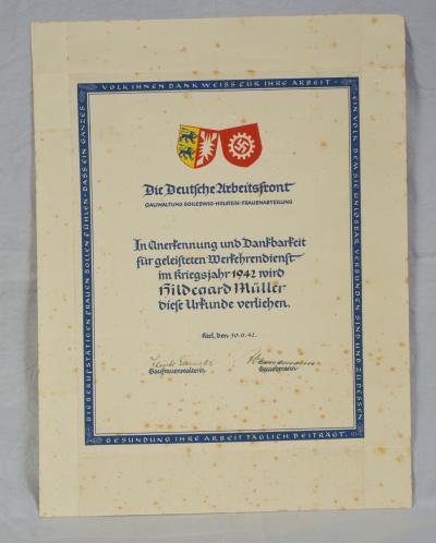 German DAF Labor Front Certificate of Recognition