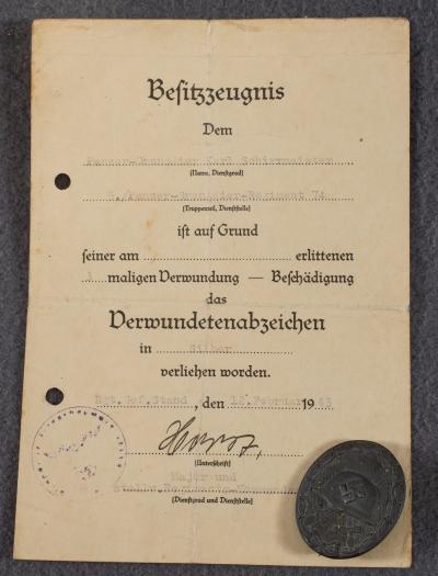German Silver Wound Badge & Document