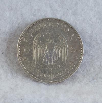 German 1934 A 5 Reichsmarks Garrison Church Coin