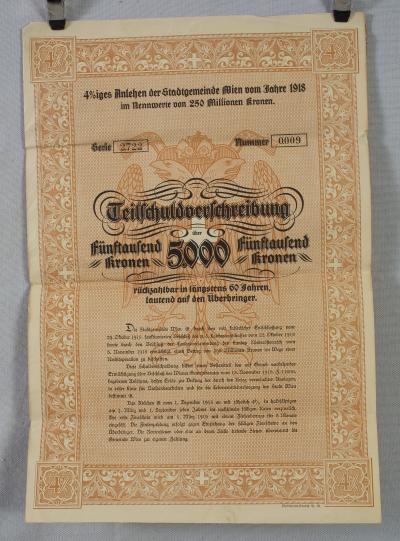 WWI Austrian 5000 Kronen War Bond Loan