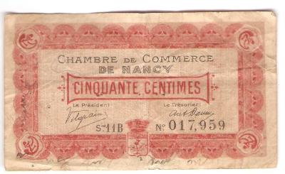 WWI French Chamber of Commerce Nancy 50 Centimes