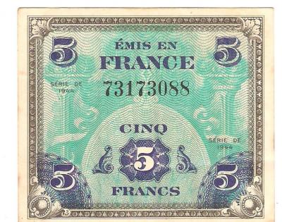 WWII French Paper Currency Note 5 Francs 1944