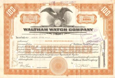 Waltham Watch Company Stock Certificate 1932