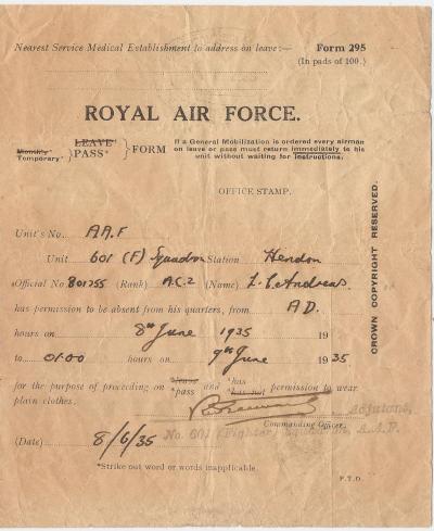 Royal Air Force RAF Leave Pass Form 1935