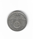 German 1936 A 5 Reichsmarks Hindenburg Coin