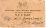 WWII 601st MP Batt NCO Club Card