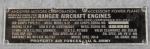 WWII USAF B-29 Ranger Engine Data Plate